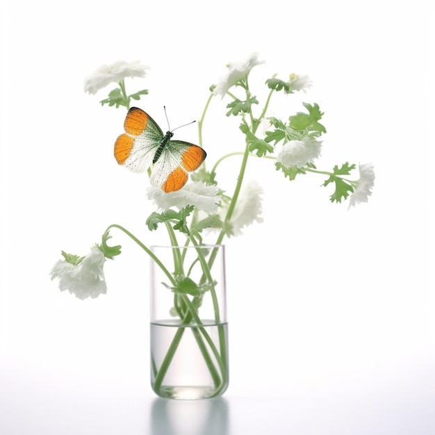 Szklany wazon z kwiatami i motylem