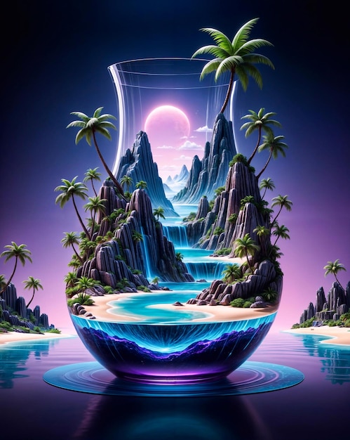 Zdjęcie szklany wazon z miniaturowymi palmami wyspiarskimi i wodospadem generatywna sztuczna inteligencja