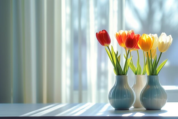 Zdjęcie szklany wazon z wielokolorowymi tulipanami w świetle słonecznym na oknie