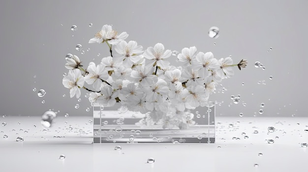 Szklany wazon z wodą i białymi kwiatami na pierwszym planie.