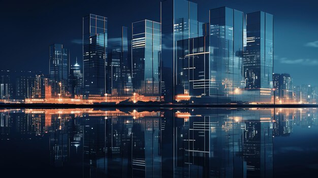 Szklany wysoki budynek korporacyjny w nocy koncepcja biznesowa Miasto drapaczy chmur