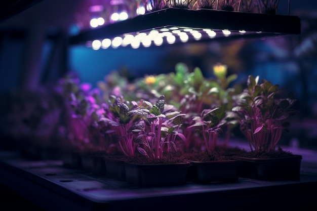 Szklarnia jest wypełniona starterami nasion i jest oświetlona fioletowym światłem dzięki generatywnej sztucznej inteligencji