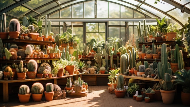 Szklarnia przemysłowa sklepu ogrodniczego Różne rodzaje kaktusów w różnych garnkach