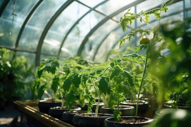 Szklarnia z różnorodnymi zieleniami i warzywami, które rosną bujnie w chronionym środowisku Generacyjna sztuczna inteligencja