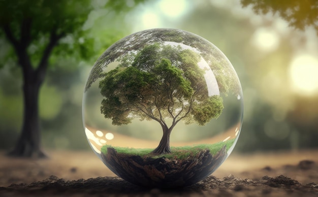 Szkło globusa w zielonej koncepcji środowiska leśnego z drzewną naturą i tłem koncepcji dnia ziemi