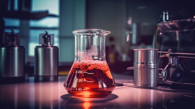 Zdjęcie szkło laboratoryjne z czerwonym płynem na koncepcji badań naukowych na stole