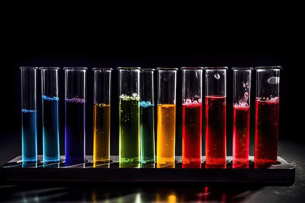 Szkło laboratoryjne z kolorowym płynem na czarnym tle Koncepcja badań i rozwoju Probówki laboratoryjne naukowe wypełnione kolorowymi probówkami AI Generated