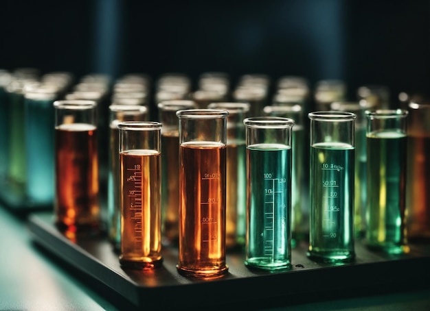 Szkło laboratoryjne zawierające ciecz chemiczną w koncepcji badań naukowych w probówkach
