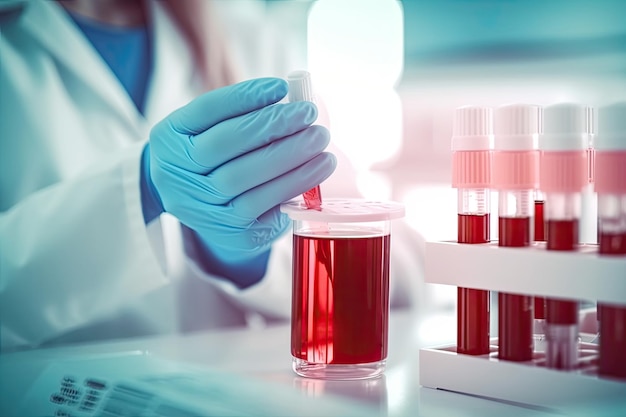 Szkło laboratoryjne zawierające próbki krwi w rękach lekarza
