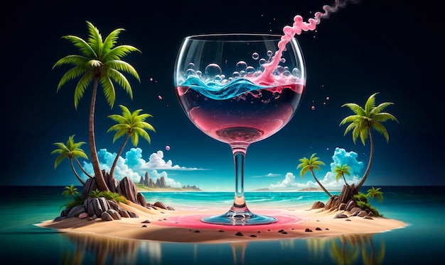 Szkło z różowym płynem stoi na małej wyspie z palmami Generatywna sztuczna inteligencja