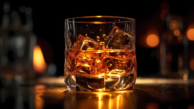 Szkło z whisky i kostkami lodu na stole ciepła przytulna atmosfera