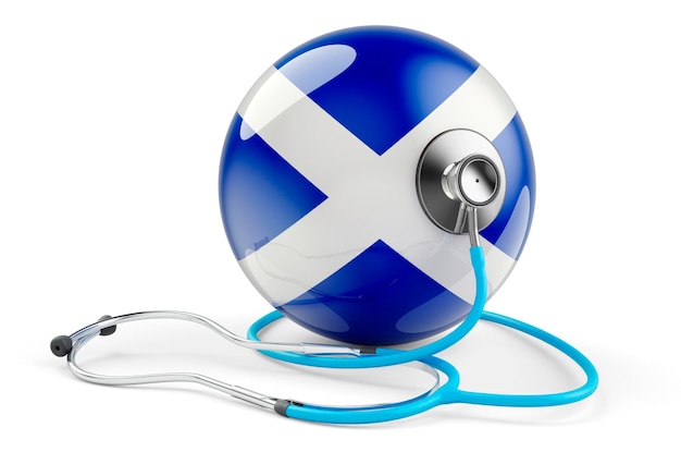Szkocka flaga ze stetoskopem Opieka zdrowotna w koncepcji Szkocji Renderowania 3D samodzielnie na białym tle