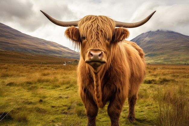 Szkocka krowa górska na zielonym polu