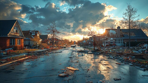 Zdjęcie szkody spowodowane przez tornado na przedmieściach