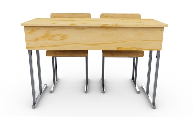 Szkoła biurko i krzesła przednie na białym tle. renderowania 3D.