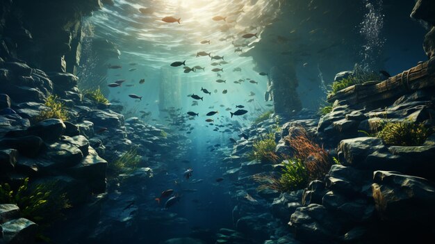 Szkoła ryb pływa w majestatycznym podwodnym krajobrazie bez ludzi