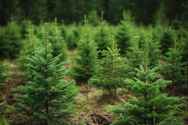 Zdjęcie szkółka lub plantacja świerków rosnąca w młodym lesie