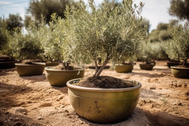 Szkółka plantacji drzew oliwnych gotowa do przesadzenia do gaju oliwnego