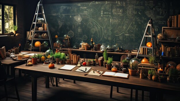 Zdjęcie szkolna klasa z kolorowymi owocami i biurkami z półką do książek i wiszącymi światłami