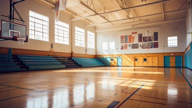 Szkolna sala gimnastyczna z obręczami do koszykówki i trybunami