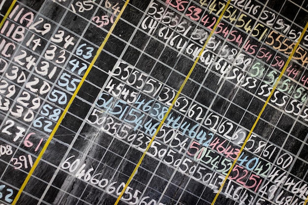 Szkolna tablica kredowa z zapisanymi liczbami w liniach