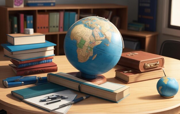 Zdjęcie szkolne materiały biurowe i globe w pięknej tabeli