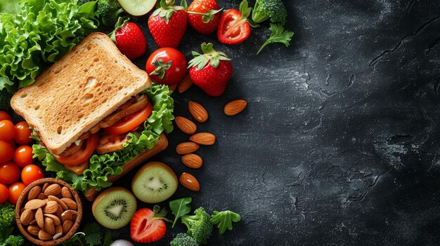 Szkolne pudełko na lunch z kanapkami, świeżymi warzywami, wodą, migdałami i owocami na czarnej tablicy z koncepcją zdrowych nawyków żywieniowych.