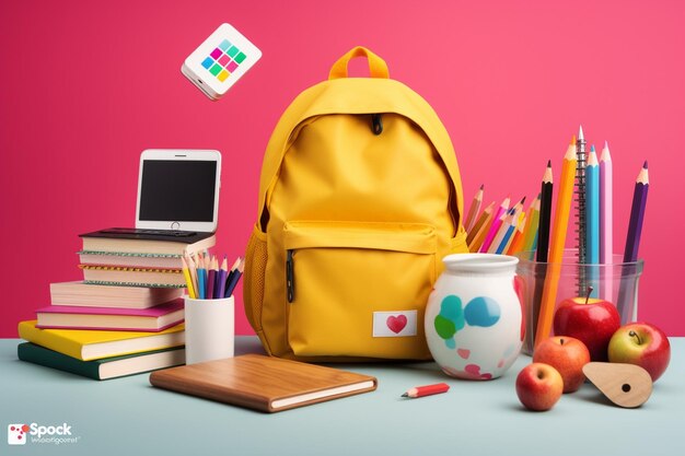 Zdjęcie szkolny plecak z artykułami biurkowymi na stole koncepcja powrotu do szkoły