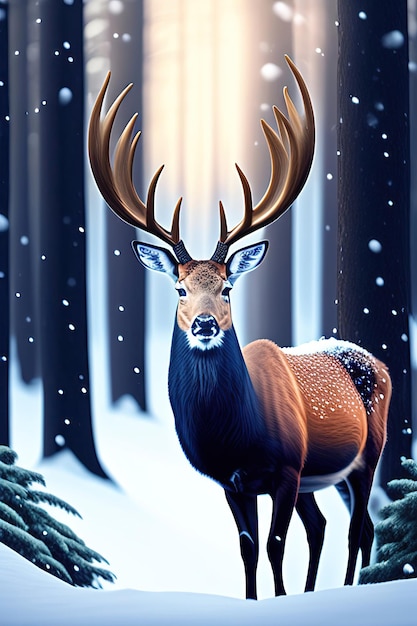 Szlachetny jeleń samiec w zimowym lesie śnieżnym Sztuka cyfrowa
