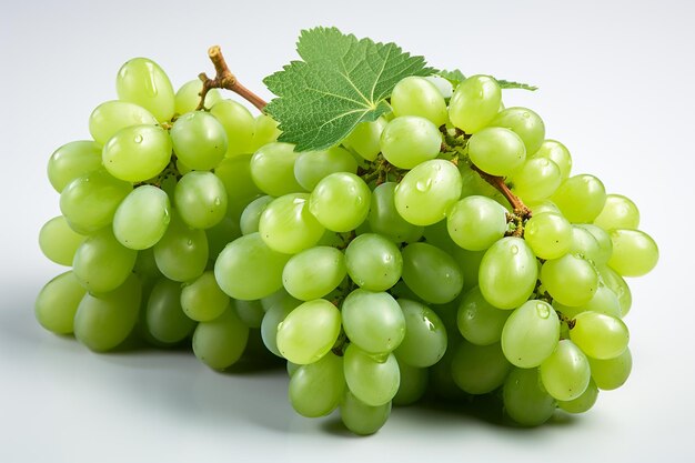 Szlachetny klejnot natury - odizolowane zielone winogrono z liściem na białym tle