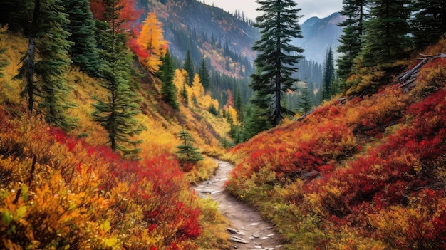 Szlak przez dolinę z generatywną sztuczną inteligencją kolorowych jesiennych liści