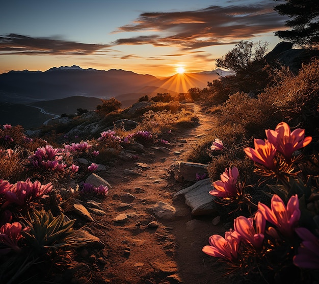 Szlak z kwiatami w dół wzgórza przy zachodzie słońca
