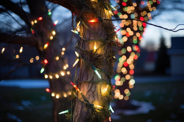 Zdjęcie sznur lampek choinkowych owinięty wokół drzewa