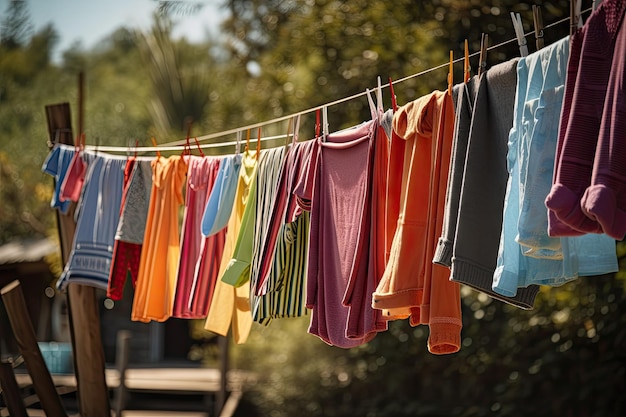 Sznurek z kolorowymi ręcznikami i strojami kąpielowymi wiszącymi do wyschnięcia