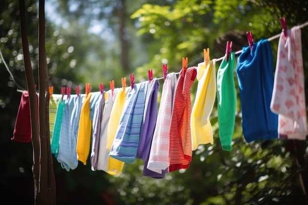 Sznurek z kolorowymi ręcznikami wiszącymi na sznurku stworzonym za pomocą generatywnej ai