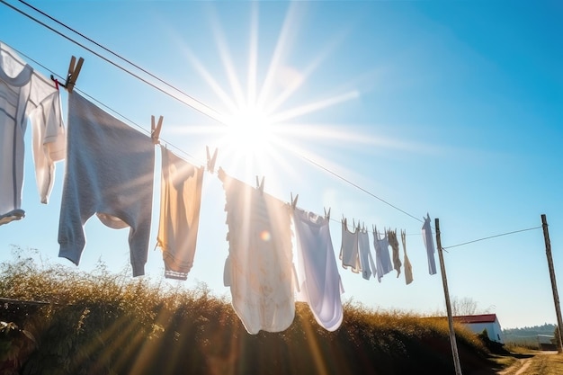 Zdjęcie sznurek z ubraniami ocieplającymi słońce w jasny i słoneczny dzień