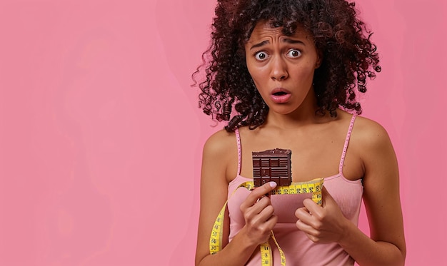 Szokowana młoda Afroamerykanka z słodką tabliczką czekolady i taśmą mierną na różowym tle