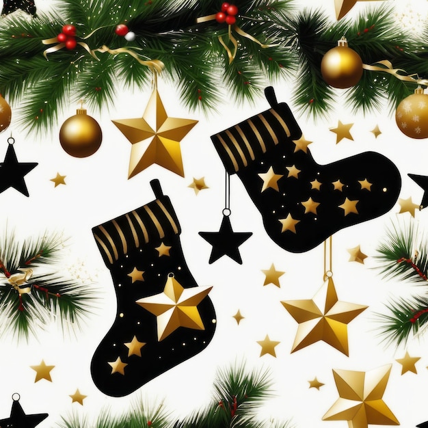 Szoky Świętego Mikołaja, złote gwiazdy, pudełka z prezentami i ozdoby świąteczne z świątecznym tłem