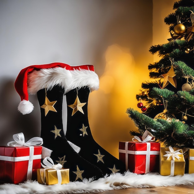 Szoky Świętego Mikołaja, złote gwiazdy, pudełka z prezentami i ozdoby świąteczne z świątecznym tłem