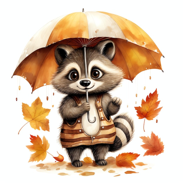 Szop pracz jesienią pod parasolem