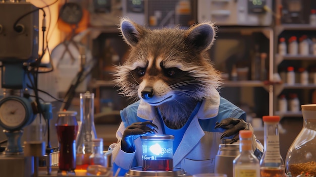 Zdjęcie szopek w płaszczu laboratoryjnym pracuje w laboratorium. patrzy na kubek z świecącym niebieskim płynem.