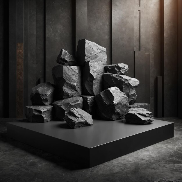 Zdjęcie szorstki czarny kamień na podium do umieszczania produktu