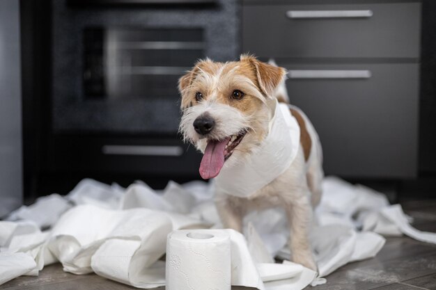 Szorstkowłosy szczeniak Jack Russell Terrier bawi się w kuchni Pies zawinięty w biały papier toaletowy