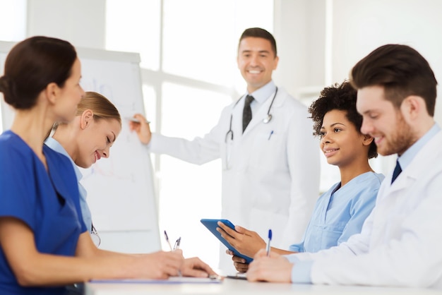 szpital, zawód, edukacja medyczna, koncepcja ludzi i medycyny - grupa szczęśliwych lekarzy spotykających się na prezentacji w szpitalu