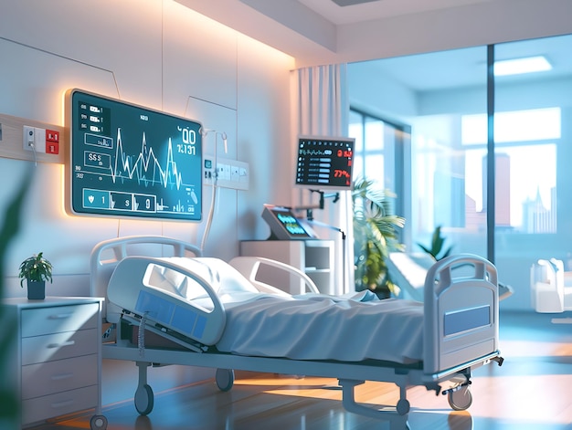 Szpitalny pokój z nowoczesnym monitorem wskaźników życiowych generowany przez AI