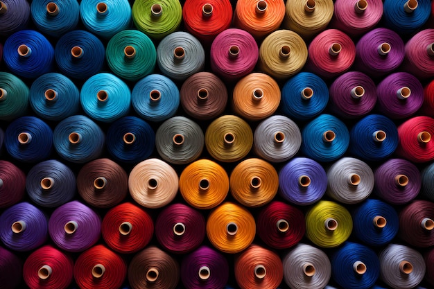 szpule kolorowych nici leżące jedna na drugiej, ułożone w stos i gotowe do użycia w przędzy