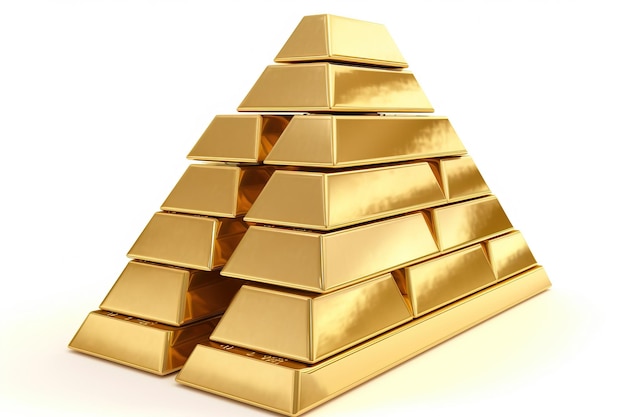 Sztabki złota ułożone w piramidę na białym tle Wygenerowano sztuczną inteligencję metali szlachetnych
