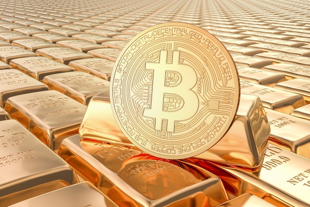 Sztabki złota z renderowaniem bitcoin 3D