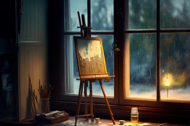 Sztaluga i deska kreślarska stoją przy oknie w deszczowy dzień, czekając na natchnienie artysty do namalowania arcydzieła Generative AI