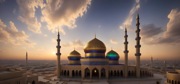 Sztandar Islamskiego Meczetu Masjid na Ramadan Eid Mubarak Pozdrowienia Ramzaan Ilustracja Generatywna AI